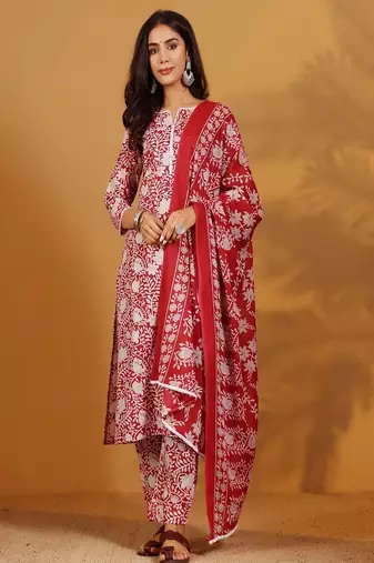 Floral printed cotton round neck kurta trouser & dupatta set