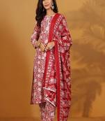 Floral printed cotton round neck kurta trouser & dupatta set