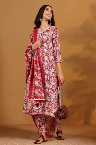 Floral printed cotton round neck kurta trouser & dupatta set