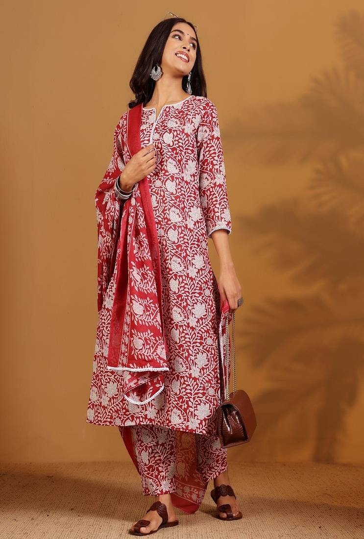 Floral printed cotton round neck kurta trouser & dupatta set