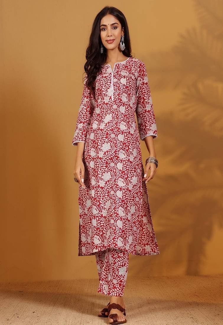 Floral printed cotton round neck kurta trouser & dupatta set