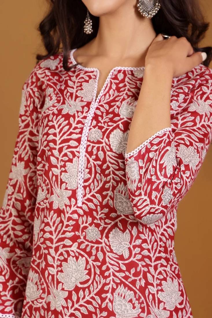 Floral printed cotton round neck kurta trouser & dupatta set