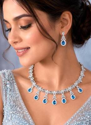 blue topaz crystal bridal jewellery set, silver teardrop necklace earrings 1