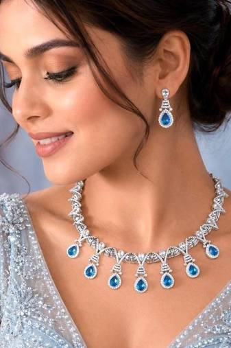 blue topaz crystal bridal jewellery set, silver teardrop necklace earrings