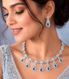 blue topaz crystal bridal jewellery set, silver teardrop necklace earrings
