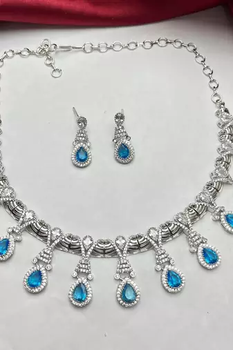 blue topaz crystal bridal jewellery set, silver teardrop necklace earrings