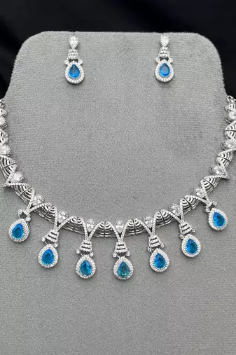 blue topaz crystal bridal jewellery set, silver teardrop necklace earrings