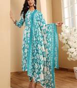Floral printed cotton v neck kurta trouser & dupatta set