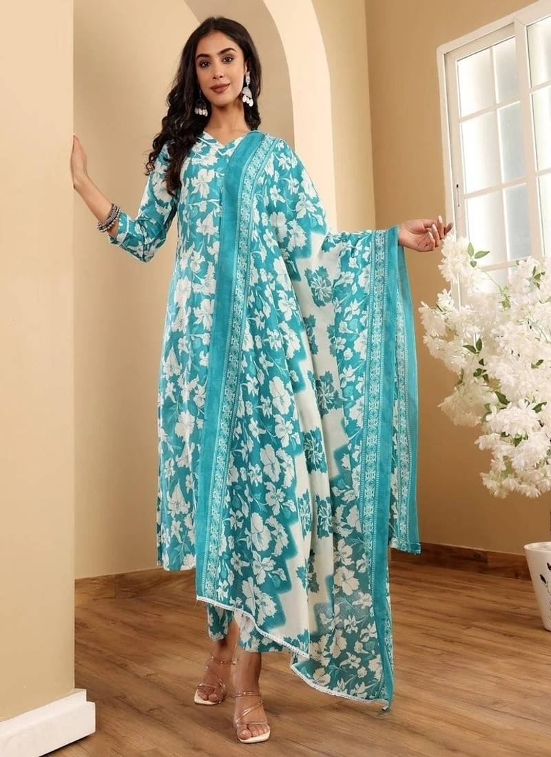 Floral printed cotton v neck kurta trouser & dupatta set