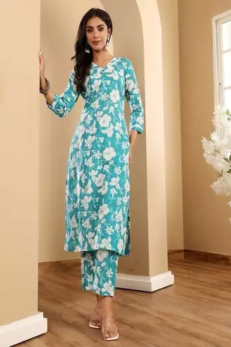 Floral printed cotton v neck kurta trouser & dupatta set