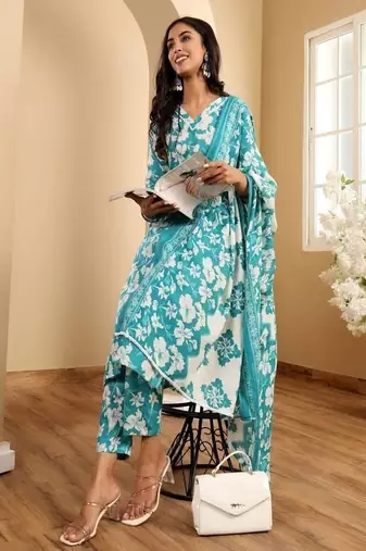 Floral printed cotton v neck kurta trouser & dupatta set
