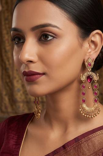 Gold-plated ethnic jewelry with magenta stones for women
