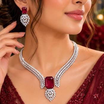 ruby red emerald cut necklace set with marquise cz accents bridal jewellery 1
