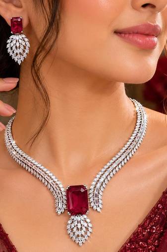 ruby red emerald cut necklace set with marquise cz accents bridal jewellery