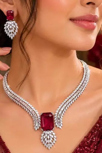 ruby red emerald cut necklace set with marquise cz accents bridal jewellery