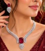 ruby red emerald cut necklace set with marquise cz accents bridal jewellery