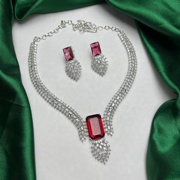ruby red emerald cut necklace set with marquise cz accents bridal jewellery 2