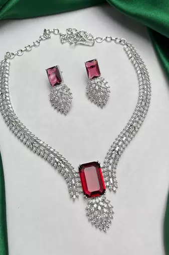 ruby red emerald cut necklace set with marquise cz accents bridal jewellery