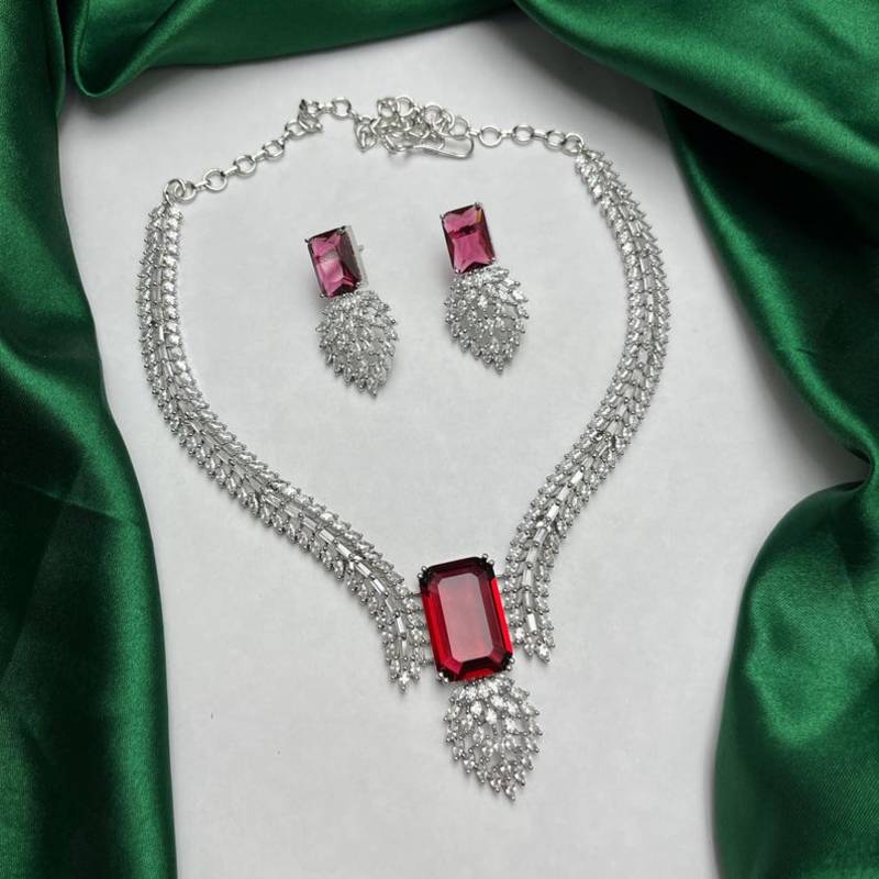 ruby red emerald cut necklace set with marquise cz accents bridal jewellery