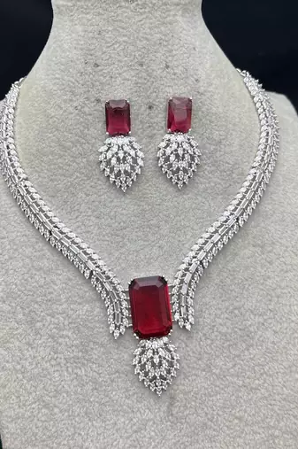 ruby red emerald cut necklace set with marquise cz accents bridal jewellery