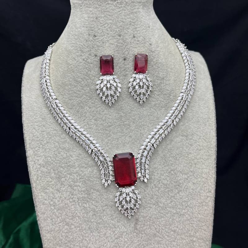 ruby red emerald cut necklace set with marquise cz accents bridal jewellery