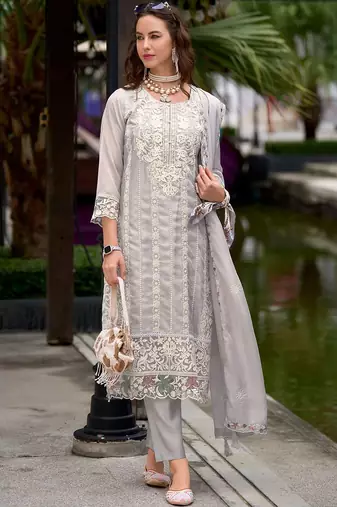 Floral Embroidered Sequinned Straight Kurta with Trouser & Dupatta