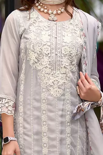 Floral Embroidered Sequinned Straight Kurta with Trouser & Dupatta