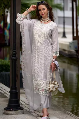 Floral Embroidered Sequinned Straight Kurta with Trouser & Dupatta
