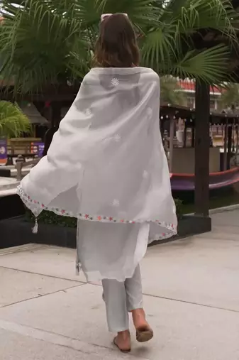 Floral Embroidered Sequinned Straight Kurta with Trouser & Dupatta
