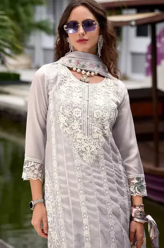 Floral Embroidered Sequinned Straight Kurta with Trouser & Dupatta