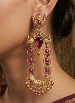 Gold-plated ethnic jewelry with magenta stones for women 2