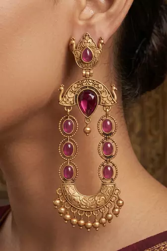 Gold-plated ethnic jewelry with magenta stones for women
