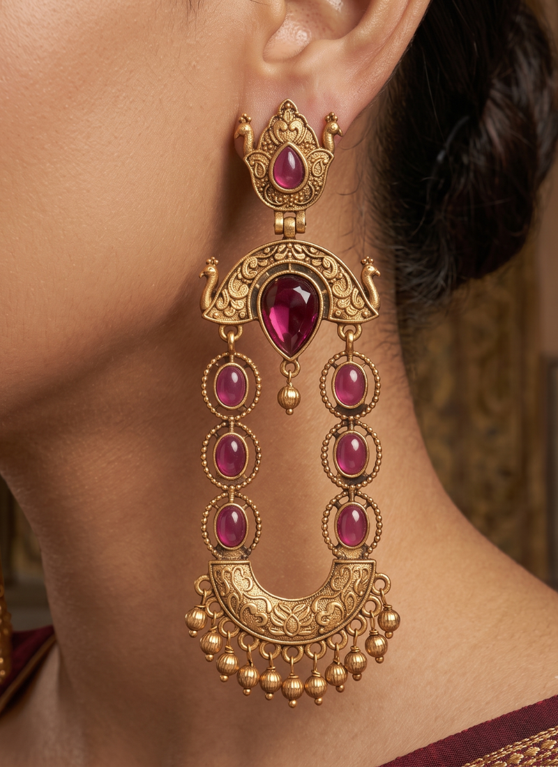 Gold-plated ethnic jewelry with magenta stones for women