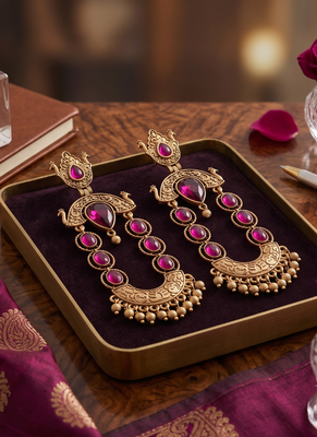 Gold-plated ethnic jewelry with magenta stones for women 3