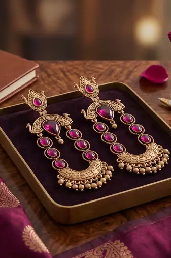 Gold-plated ethnic jewelry with magenta stones for women