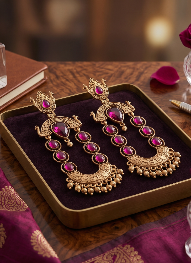 Gold-plated ethnic jewelry with magenta stones for women