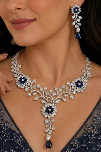 sapphire blue marquise cubic zirconia floral bridal jewellery set