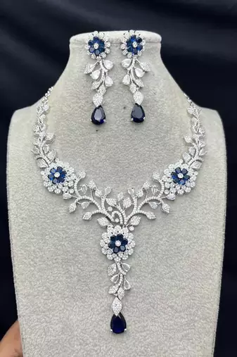sapphire blue marquise cubic zirconia floral bridal jewellery set