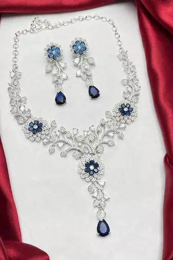 sapphire blue marquise cubic zirconia floral bridal jewellery set