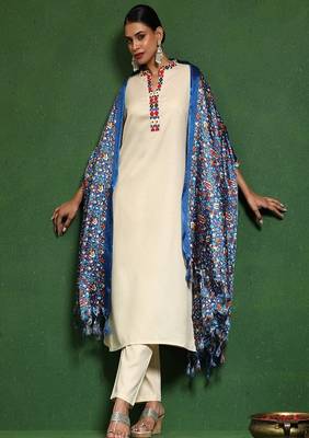 Floral embroidered cotton round neck kurta trouser & dupatta set 1