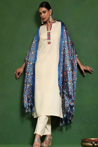 Floral embroidered cotton round neck kurta trouser & dupatta set