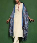 Floral embroidered cotton round neck kurta trouser & dupatta set