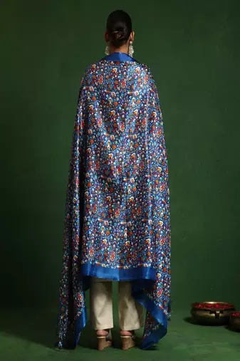 Floral embroidered cotton round neck kurta trouser & dupatta set