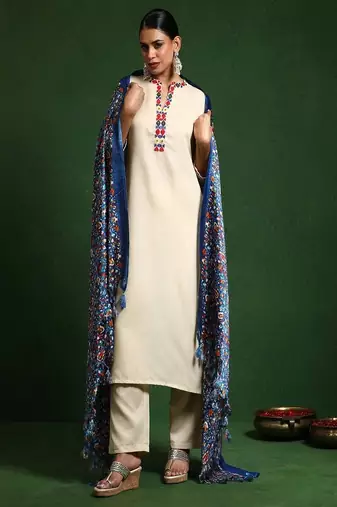Floral embroidered cotton round neck kurta trouser & dupatta set