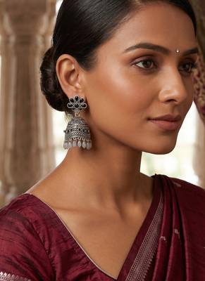 Traditional oxidized silver black stone flower jhumka drop earrings with grey beads for women 1
