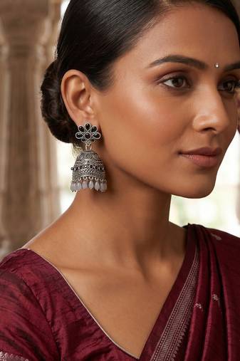 Traditional oxidized silver black stone flower jhumka drop earrings with grey beads for women