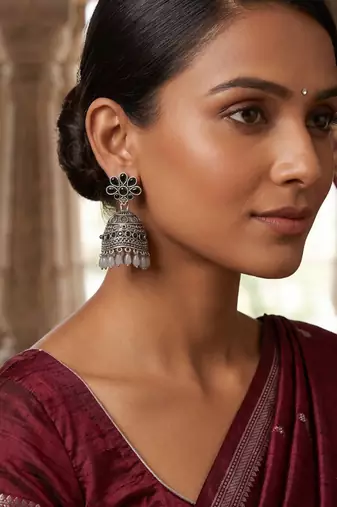 Traditional oxidized silver black stone flower jhumka drop earrings with grey beads for women