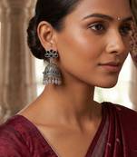 Traditional oxidized silver black stone flower jhumka drop earrings with grey beads for women