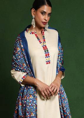 Floral embroidered cotton round neck kurta trouser & dupatta set 4