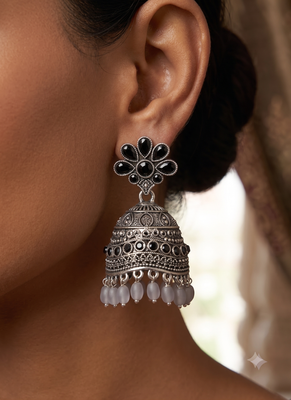 Traditional oxidized silver black stone flower jhumka drop earrings with grey beads for women 2